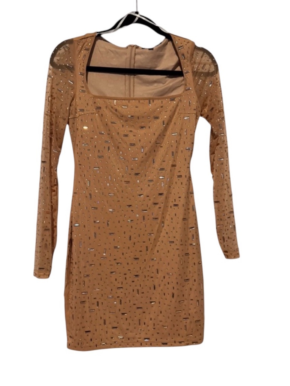 Lulus Rhinestone Mesh Long Sleeve Mini Dress Nude Square Neck Small NWT - Picture 2 of 7